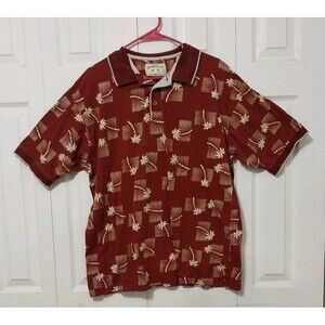 Bamboo Cay Hawaiian Polo Shirt Red With Palm Trees Collar 3 Button Men's Size XL
